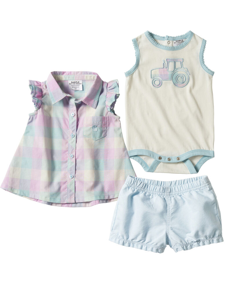 Carhartt Infant Girls' Plaid 3-Piece Shirt & Short Set , Light Blue, hi-res