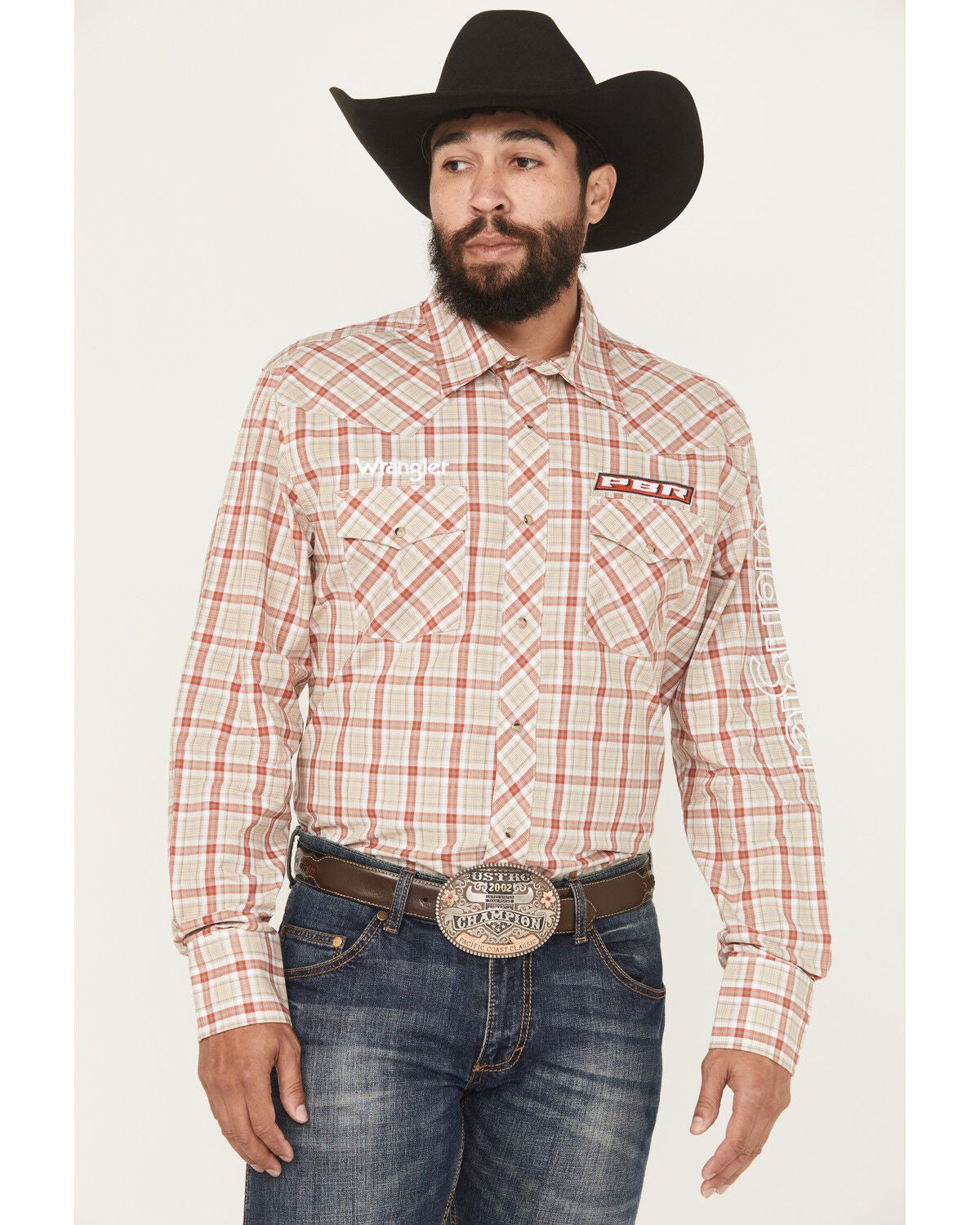 Image #1 - Wrangler Men's PBR Plaid Print Long Sleeve Snap Western Shirt, Tan, hi-res