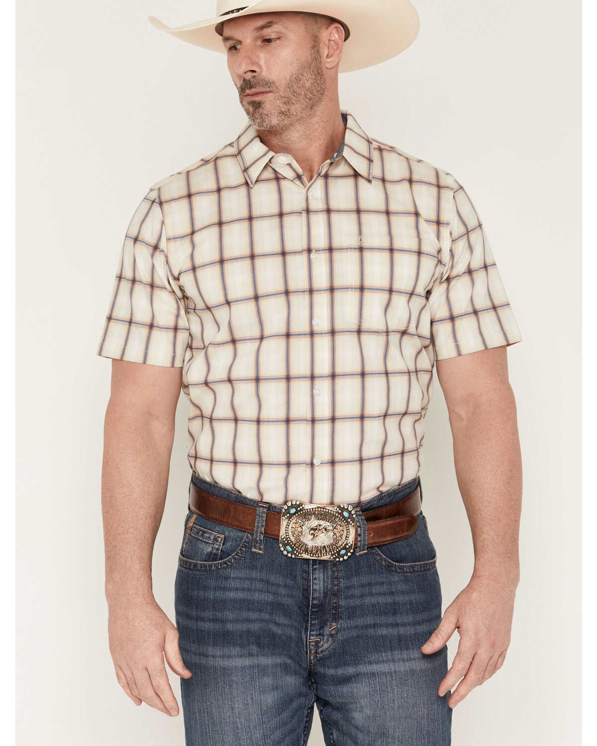 Cody James Men's Sunset Hour Plaid Print Short Sleeve Button-Down Stretch Western Shirt, Cream, hi-res