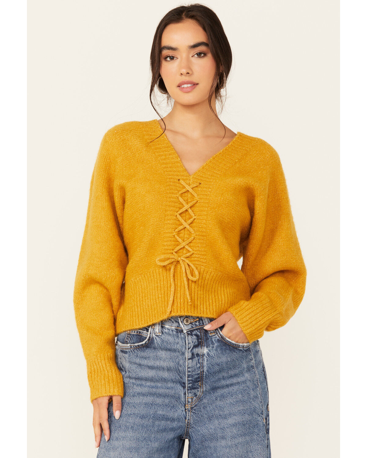 Image #1 - Molly Bracken Women's Long Sleeve Mock Lace-Up Sweater, Mustard, hi-res