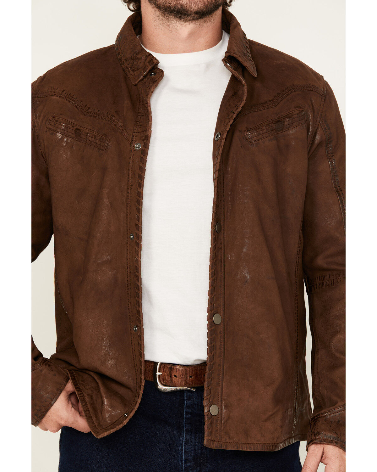Image #3 - Mauritius Leather Men's Woodly Whipstitch Leather Jacket, Brown, hi-res