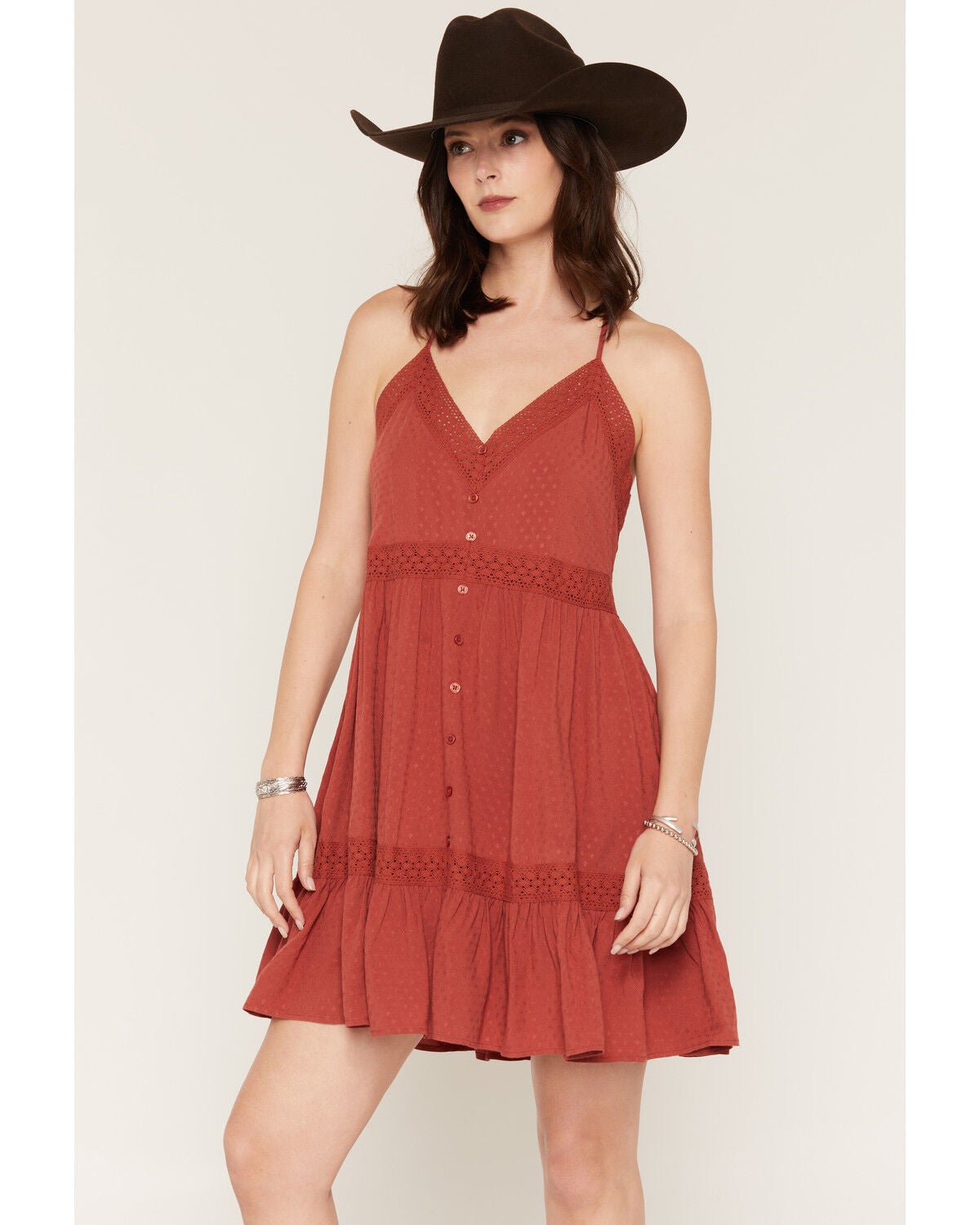 Shyanne Women's Racerback Lace Trim Mini Dress, Chilli, hi-res