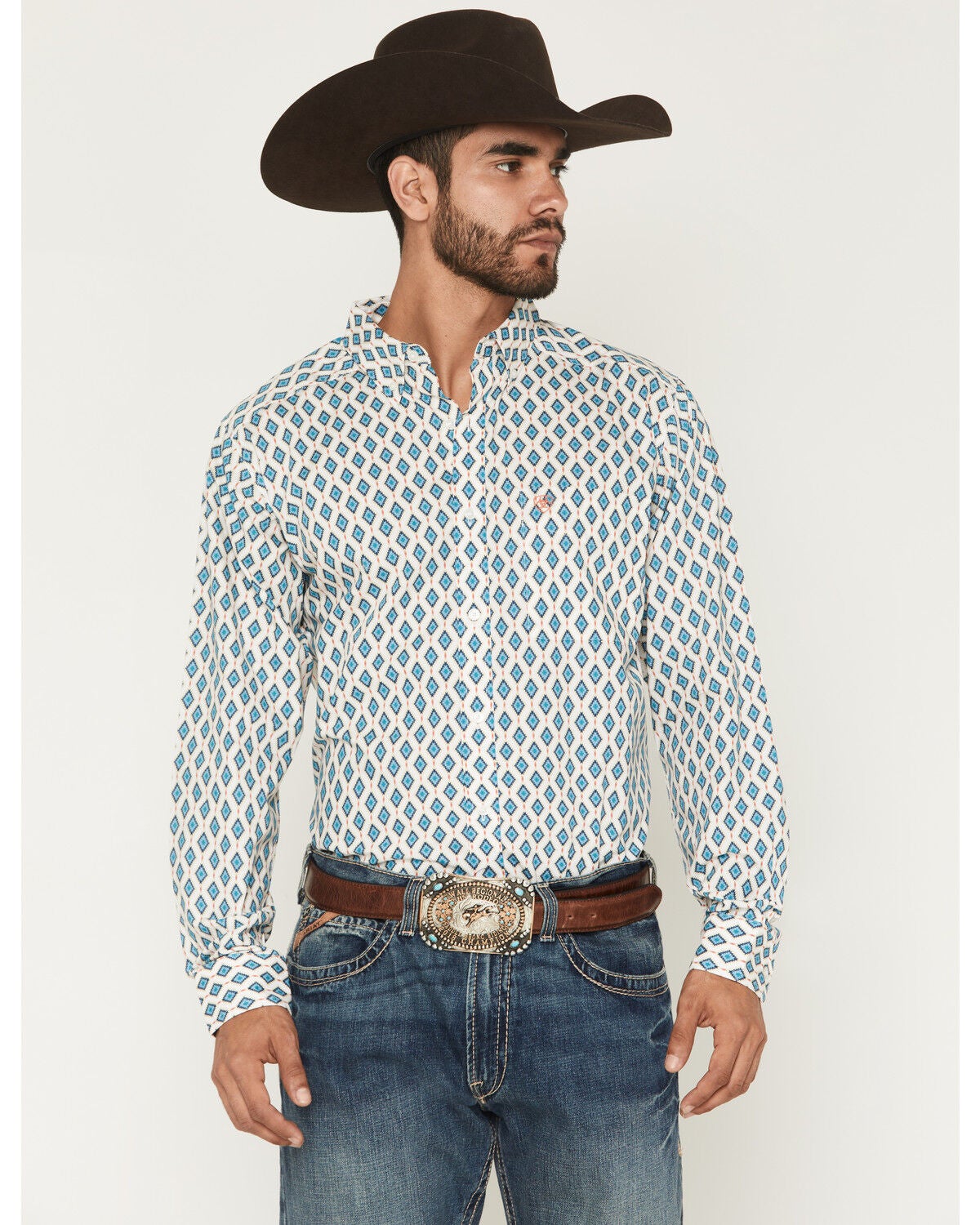 Image #1 - Ariat Men's Jaziel Southwest Diamond Long Sleeve Button-Down Fitted Western Shirt, White, hi-res