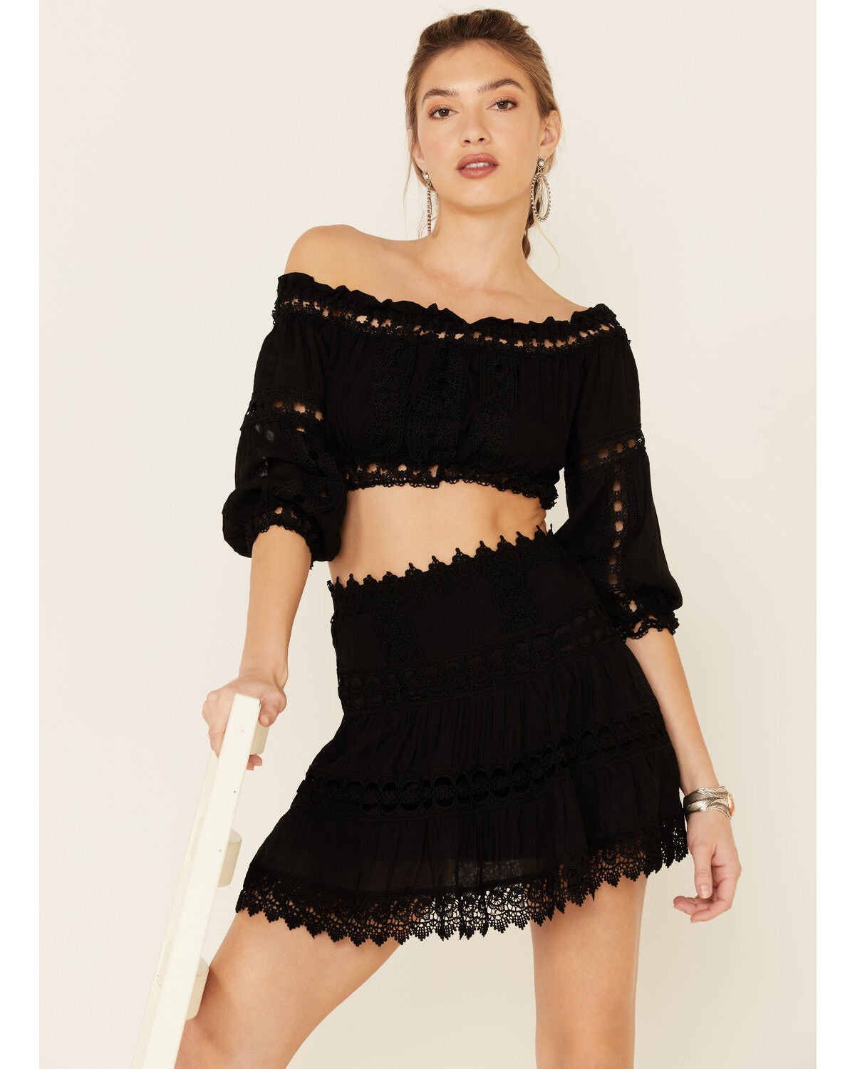 Revel Women's Cropped Off Shoulder Crochet Top, Black, hi-res
