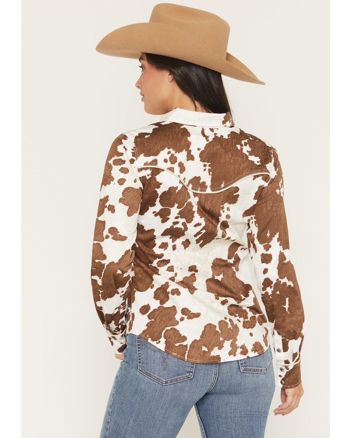 Image #4 - Shyanne Women's Junegrass Cow Print Long Sleeve Snap Stretch Western Shirt, Coffee, hi-res