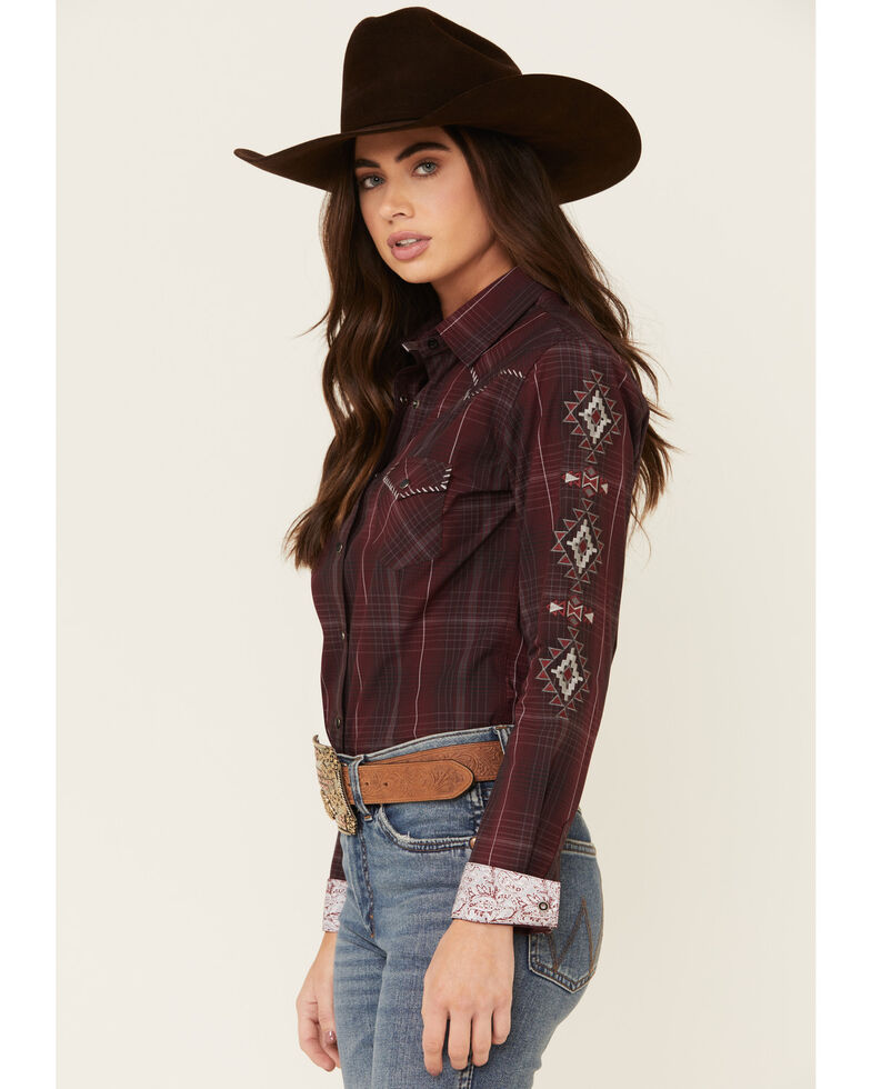 Panhandle Women's Burgundy Large Plaid Embroidered Long Sleeve Western ...