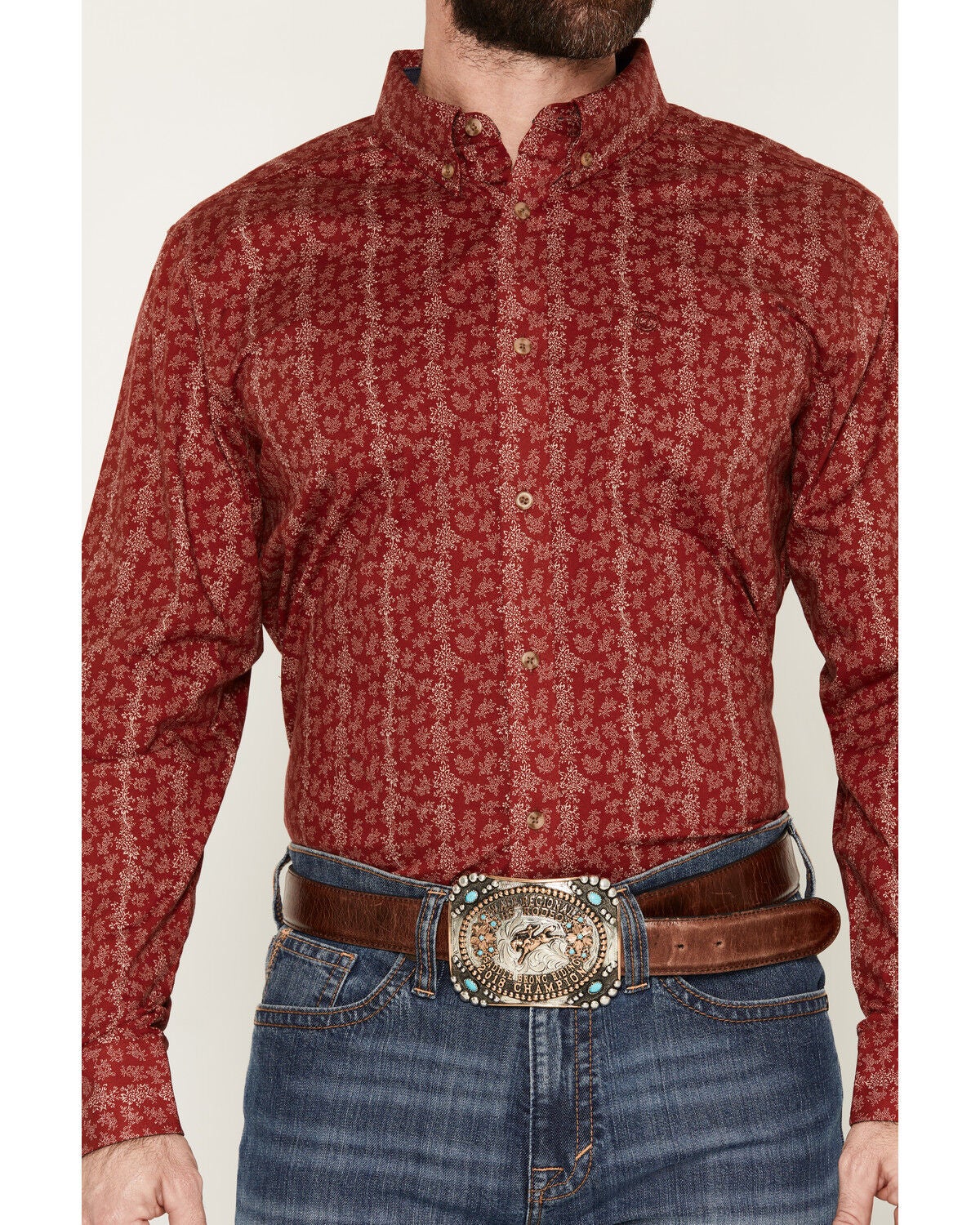 Image #3 - Cody James Men's Ol Hickory Floral Stripe Print Long Sleeve Button-Down Stretch Western Shirt - Tall, Red, hi-res