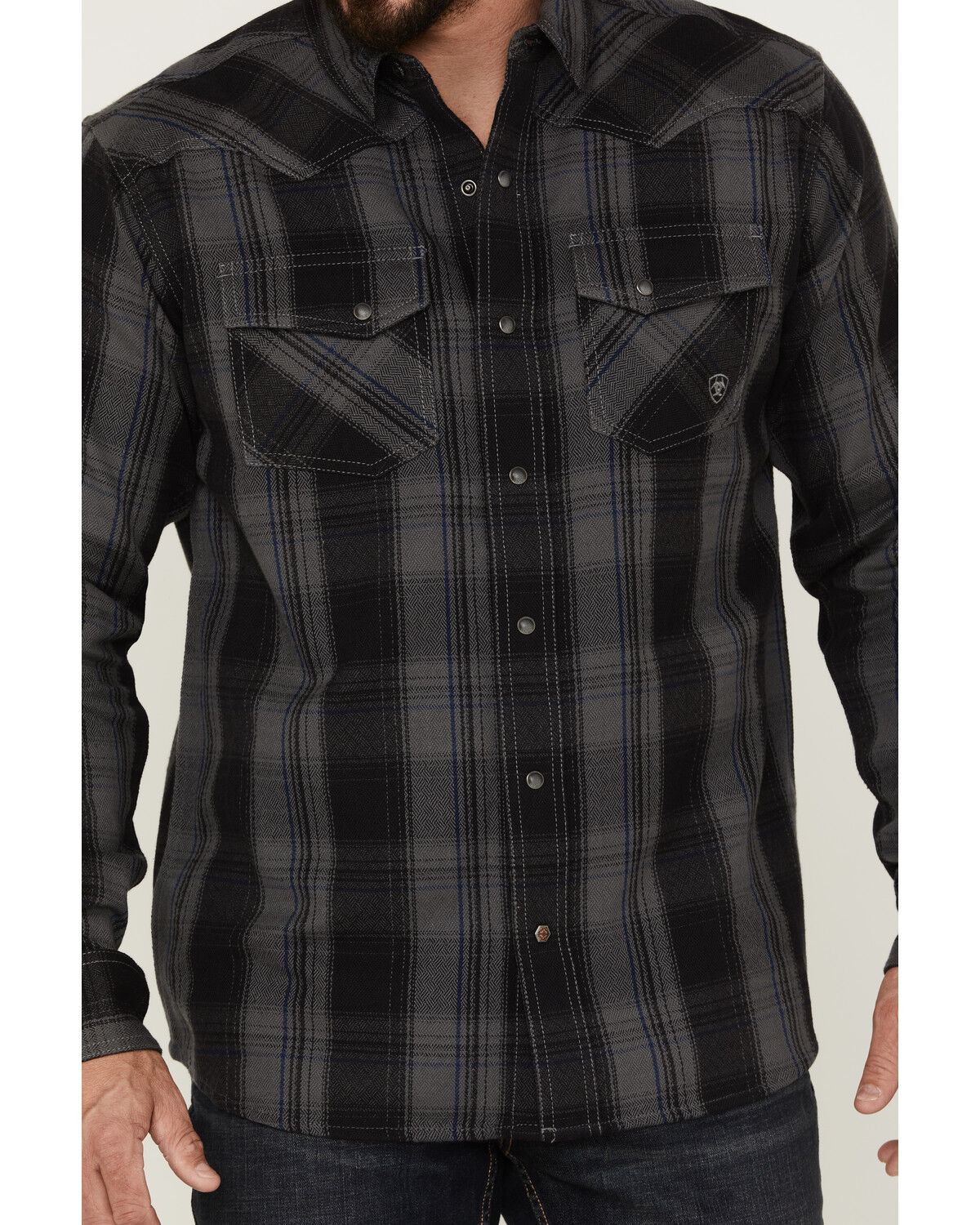 Image #3 - Ariat Men's Harrold Plaid Long Sleeve Snap Western Flannel Shirt, Black, hi-res
