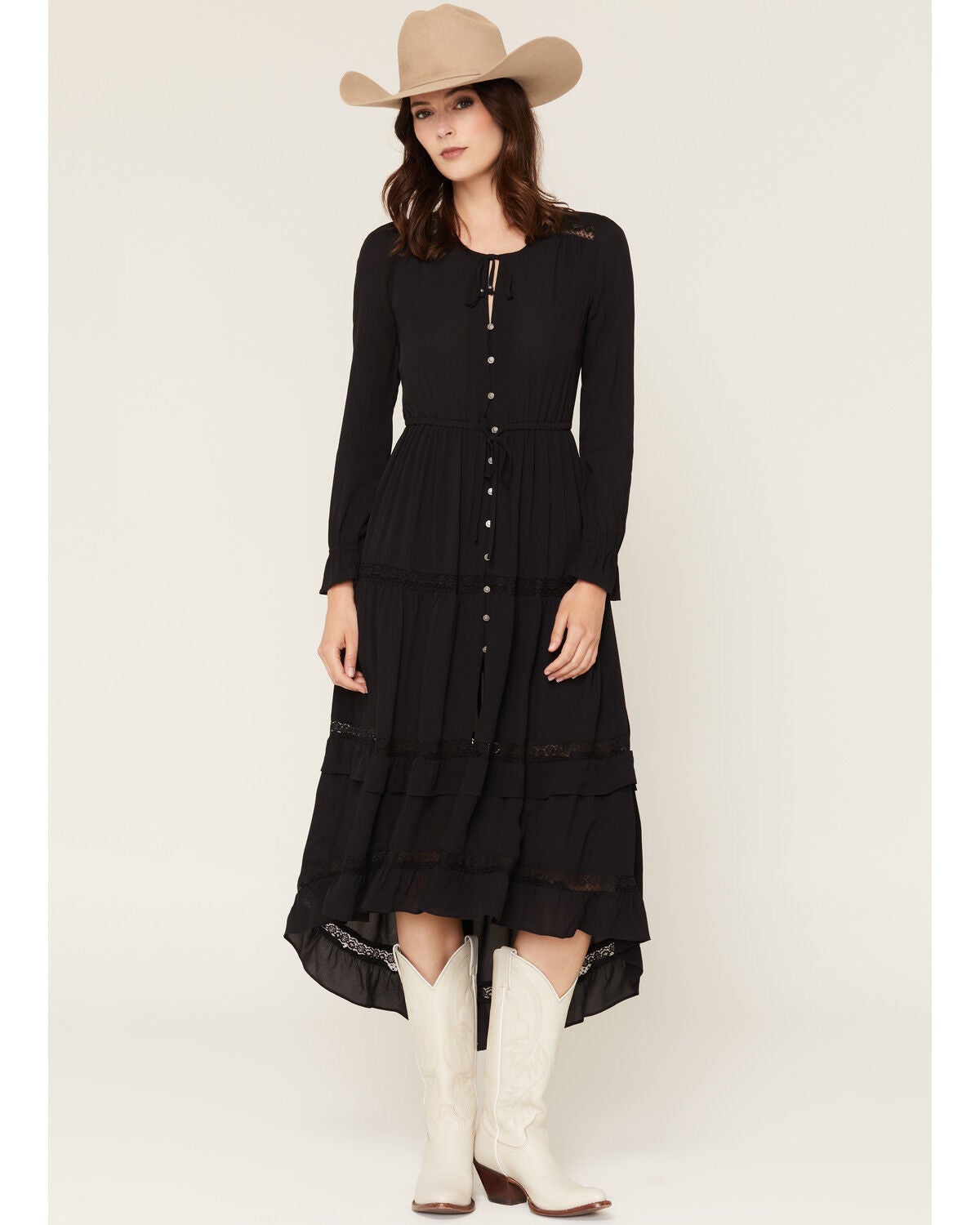 Idyllwind Women's Alison Ruffle Long Sleeve High-Low Dress, Black, hi-res