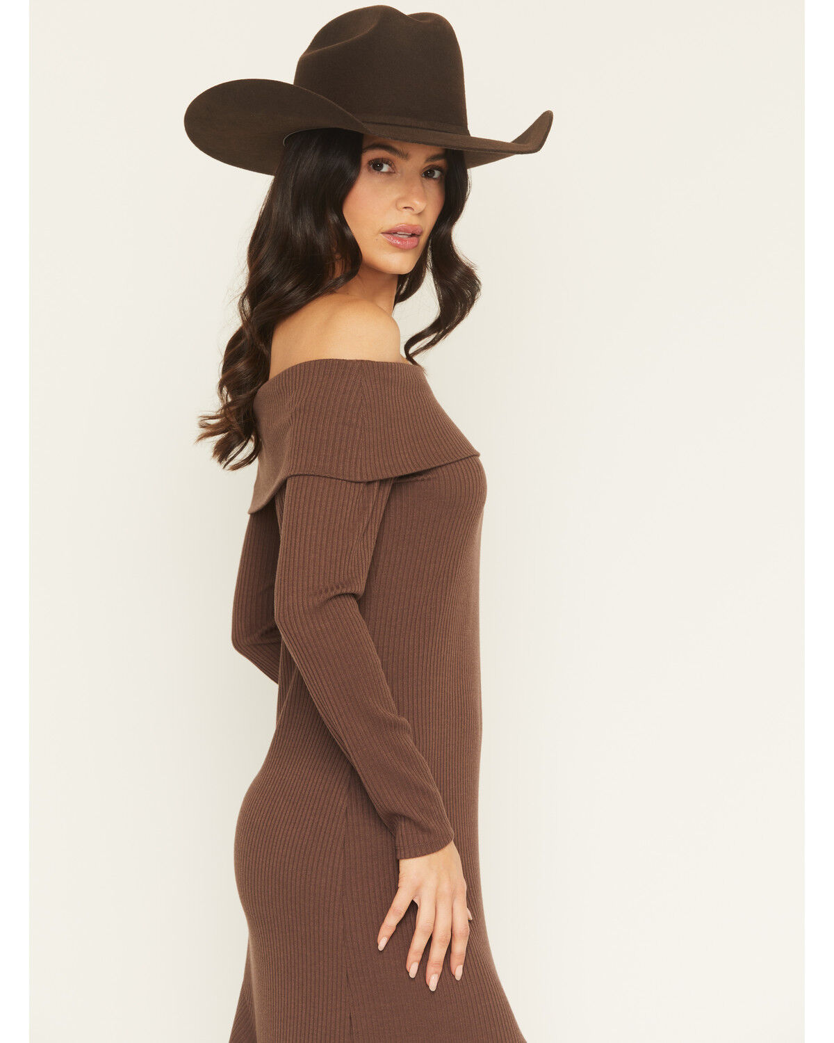 Image #2 - Shyanne Women's Rib Knit Off The Shoulder Long Sleeve Asymmetrical Dress, Brown, hi-res