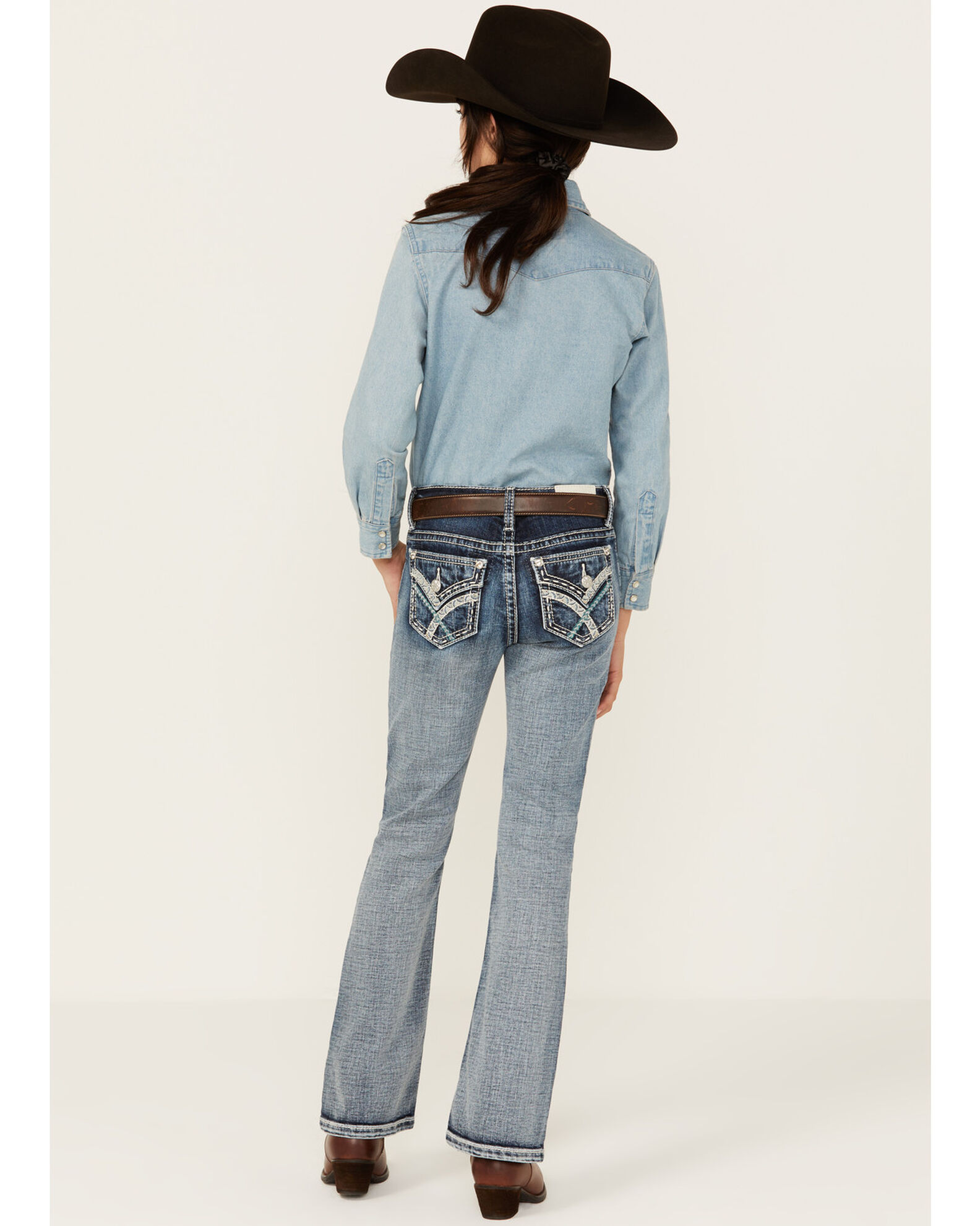 Image #1 - Miss Me Girls' Medium Wash Faded Stretch Bootcut Jeans, Light Blue, hi-res