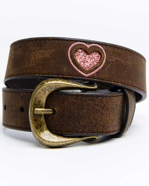 Shyanne Girls' Heart Leather Belt, Brown, hi-res