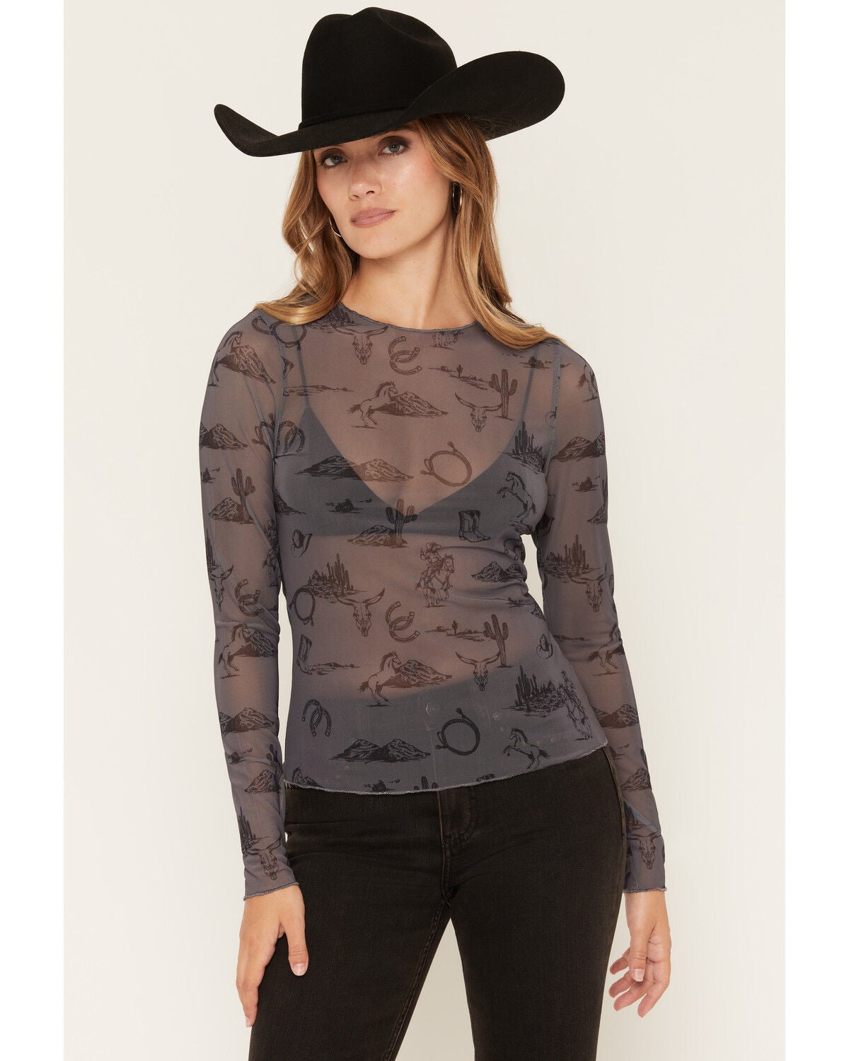 Ash & Violet Women's Conversational Print Long Sleeve Mesh Top, Dark Grey, hi-res