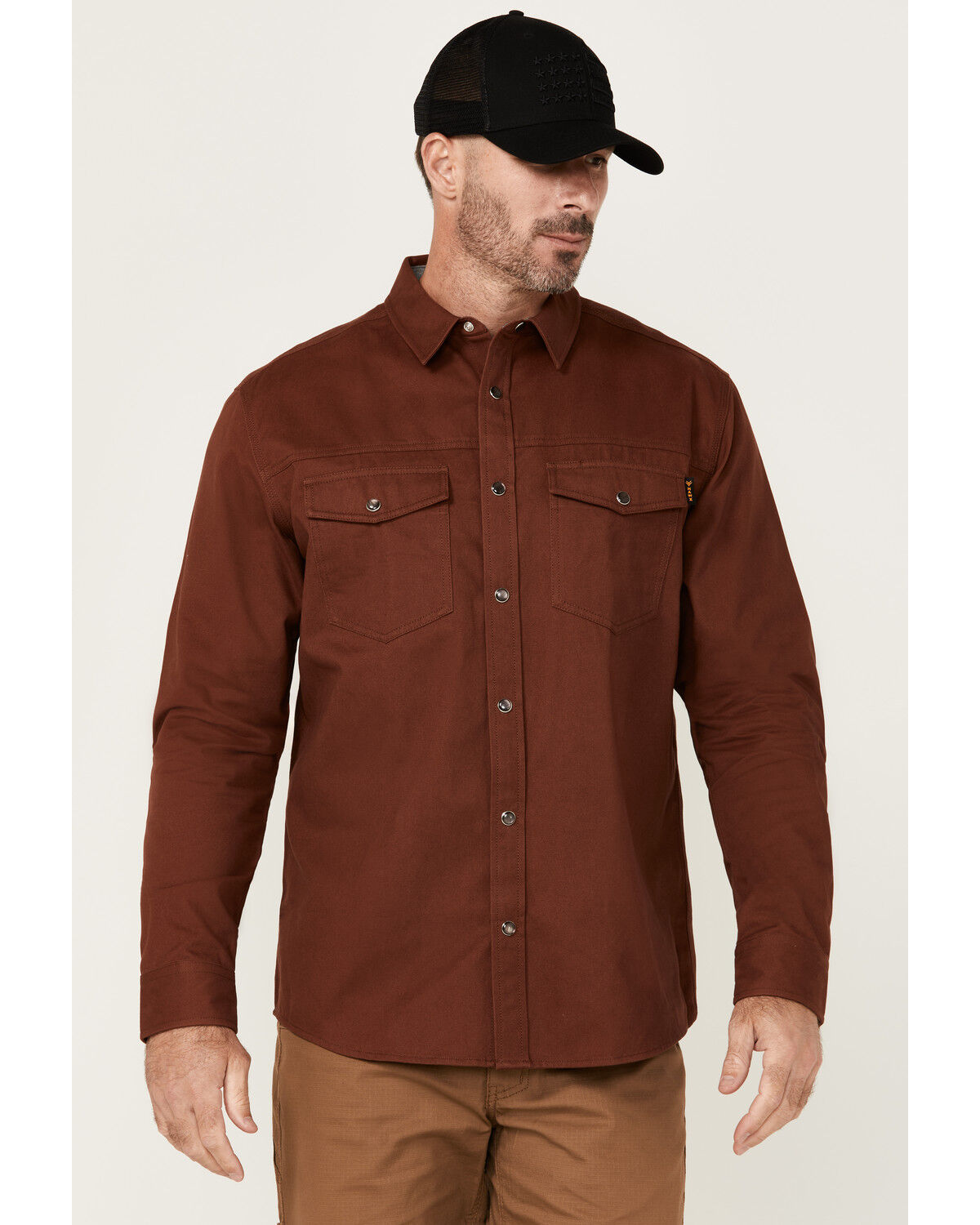 Image #1 - Hawx Men's All Out Solid Long Sleeve Pearl Snap Western Work Shirt, Mahogany, hi-res