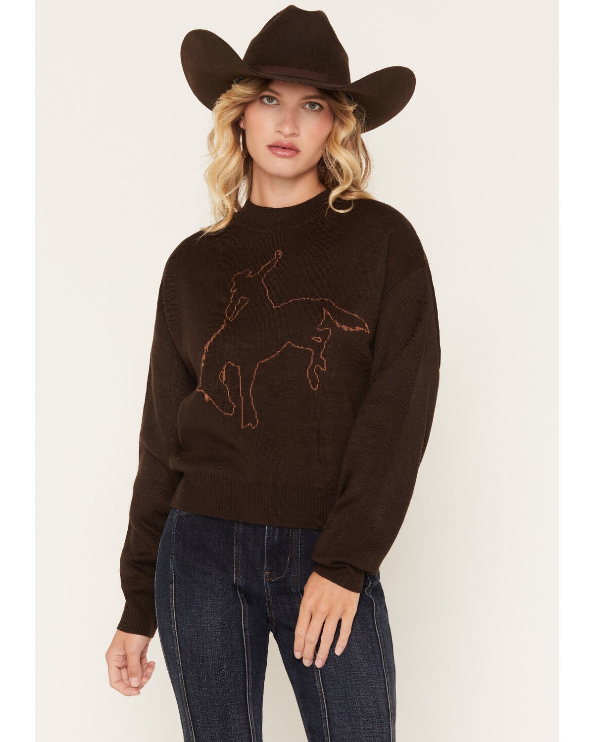 Image #1 - Wrangler Retro Women's Bucking Horse Sweater, Brown, hi-res