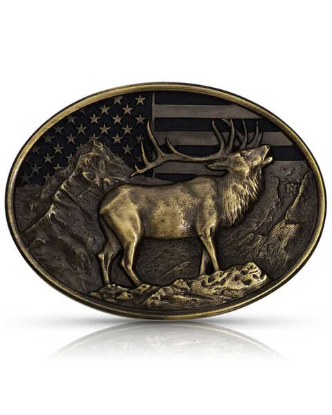 Montana Silversmiths Brass Elk Flag Buckle, Brown, hi-res
