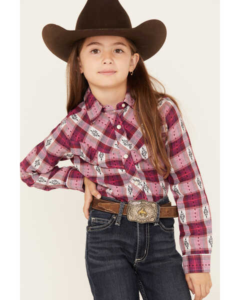Image #1 - Wrangler Girls' Plaid Print Long Sleeve Pearl Snap Western Shirt, Pink, hi-res