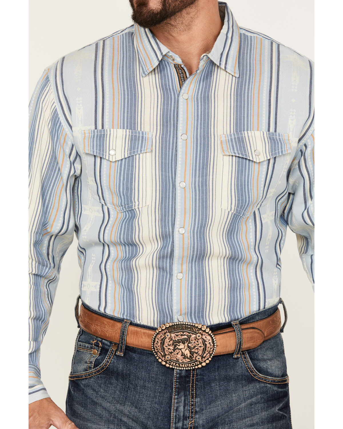 Image #3 - Scully Men's Serape Striped Long Sleeve Pearl Snap Western Shirt, Light Blue, hi-res