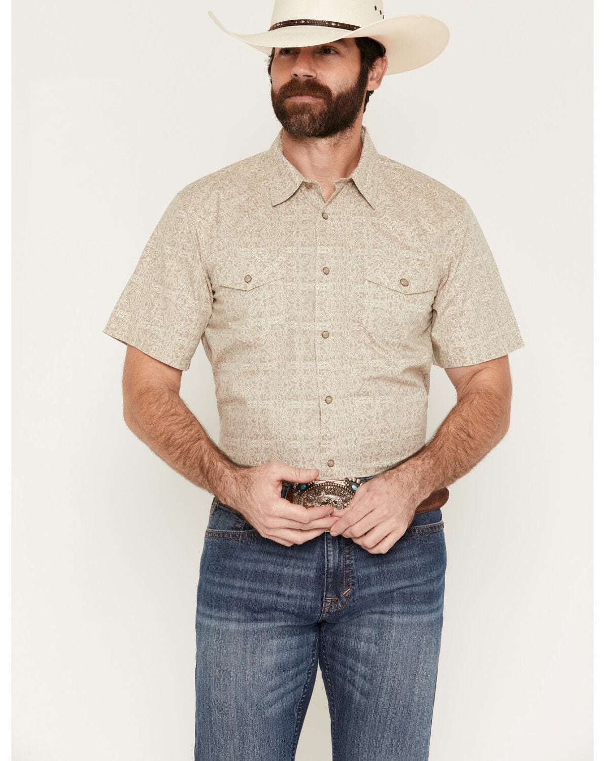 Image #1 - Gibson Trading Co Men's Timeless Medallion Print Short Sleeve Snap Western Shirt - Tall, Tan, hi-res