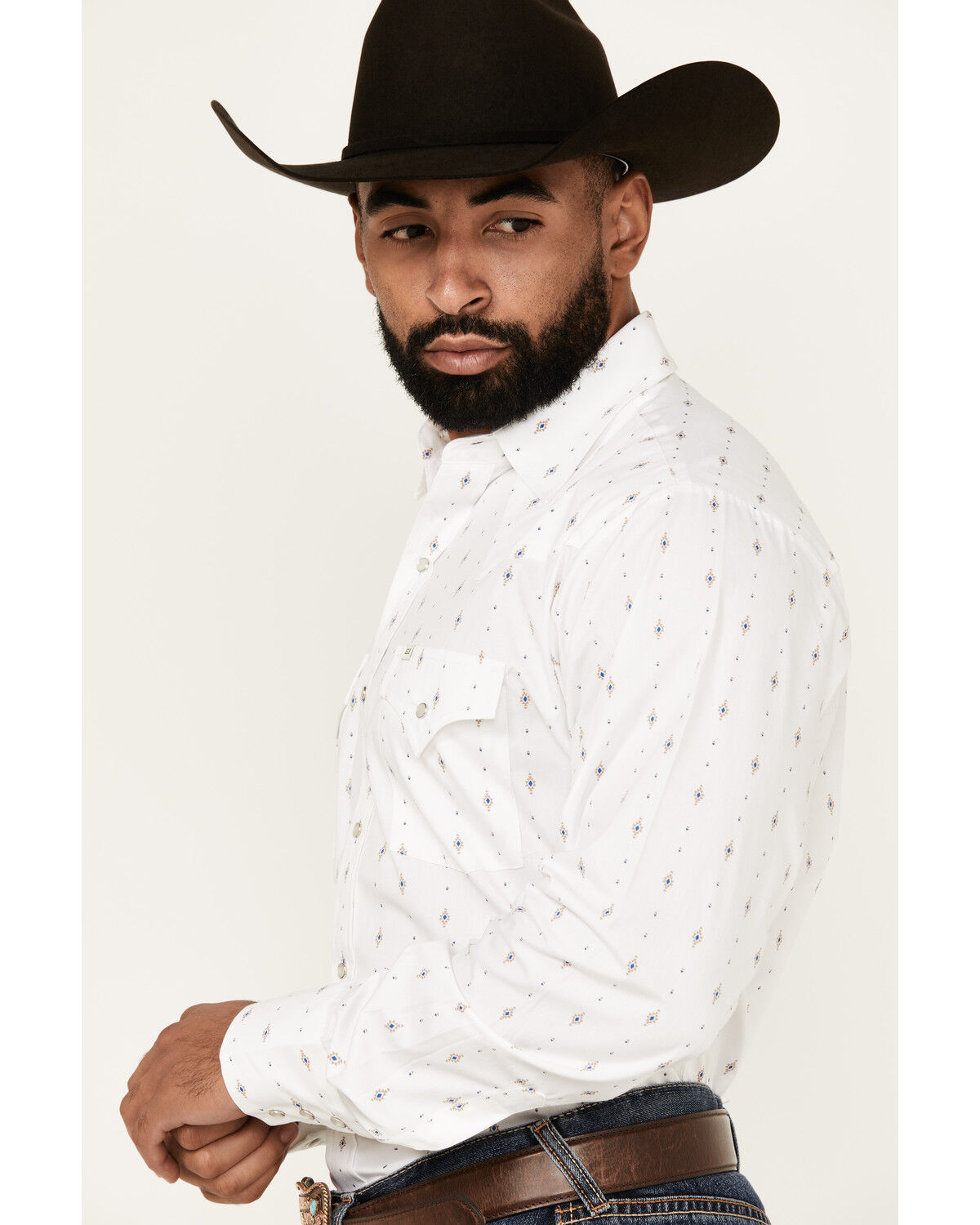 Image #2 - Ely Walker Men's Diamond Southwestern Print Long Sleeve Snap Western Shirt, White, hi-res