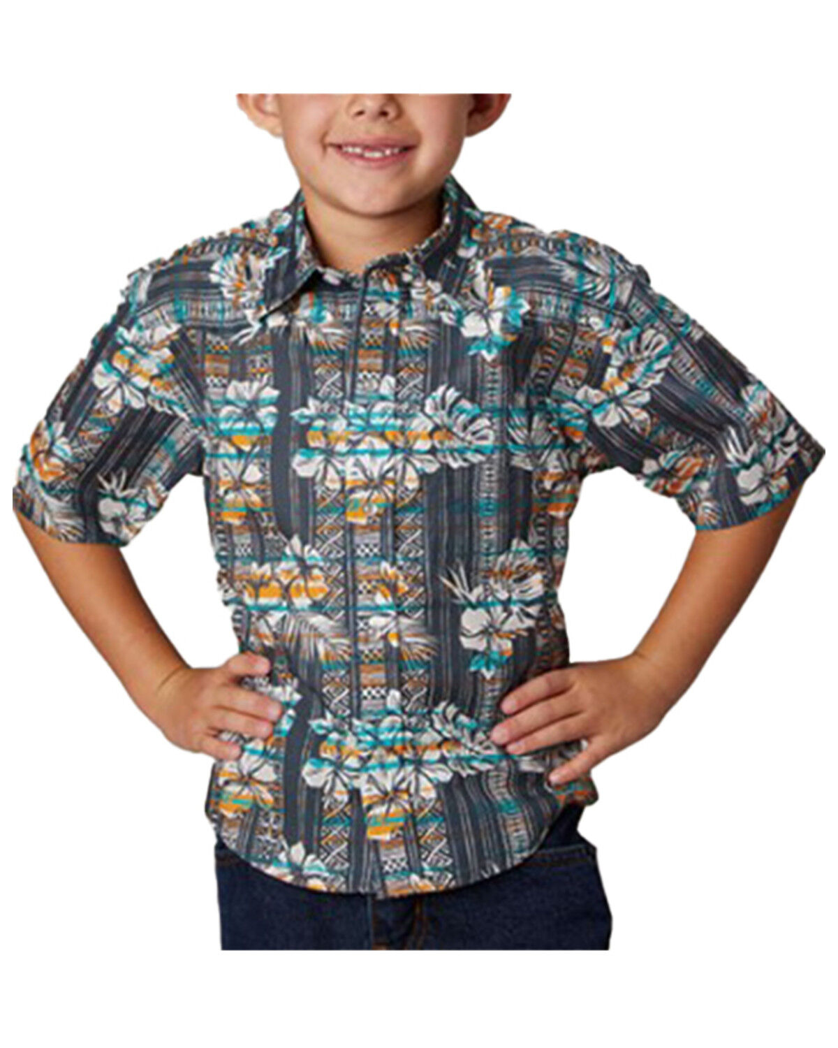 Image #1 - Roper Boys' Hawaiian Floral Print Short Sleeve Snap Western Shirt, Blue, hi-res