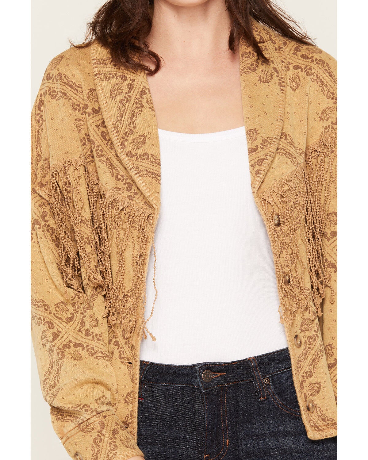 Image #3 - Miss Me Women's Fringe Button Front Short Cardigan, Camel, hi-res