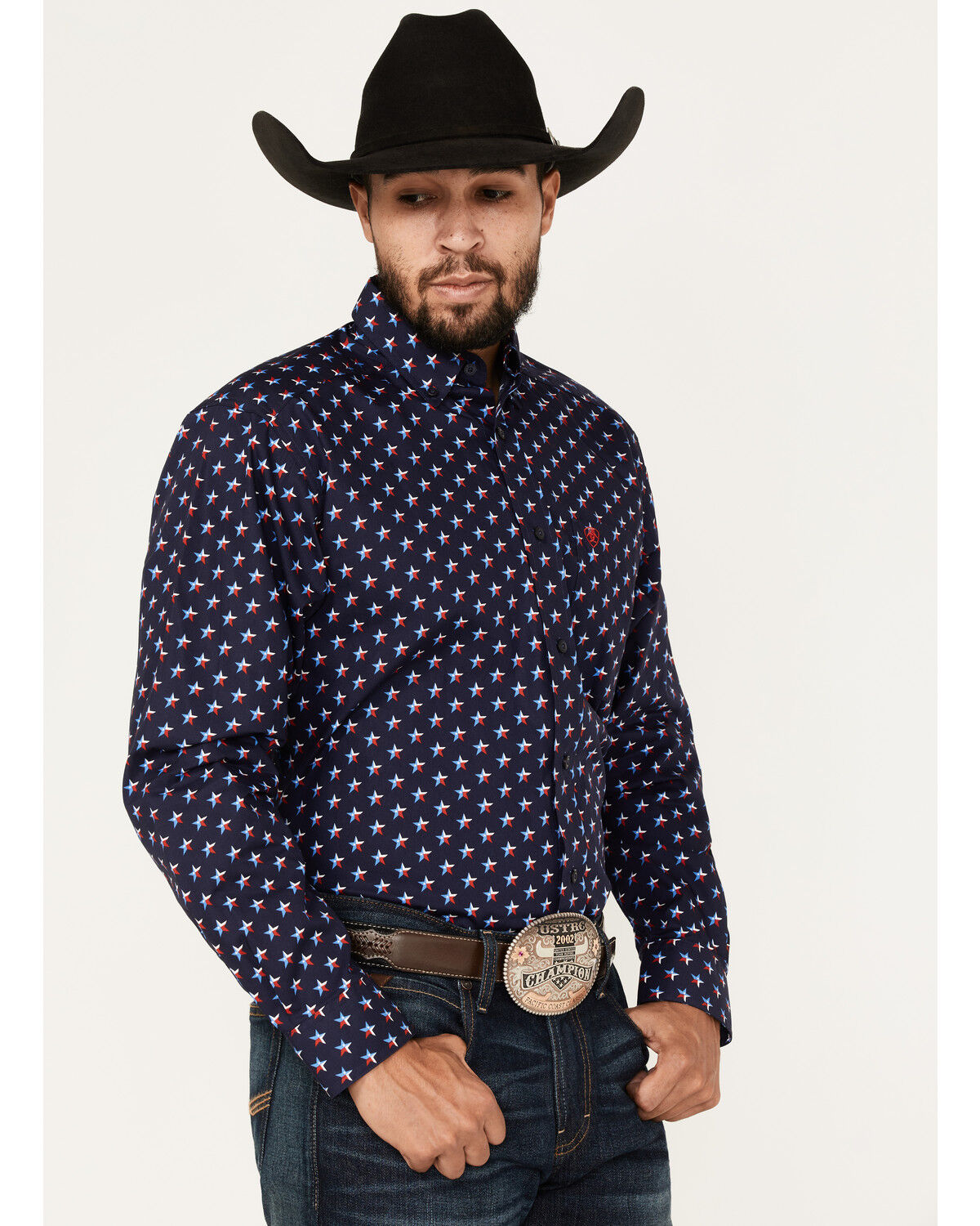 Image #2 - Ariat Men's Nossen Texas Star Print Button-Down Western Shirt, Navy, hi-res