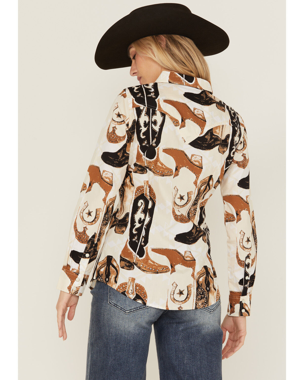 Image #4 - Wrangler Retro Women's Boot Print Long Sleeve Snap Western Shirt, White, hi-res
