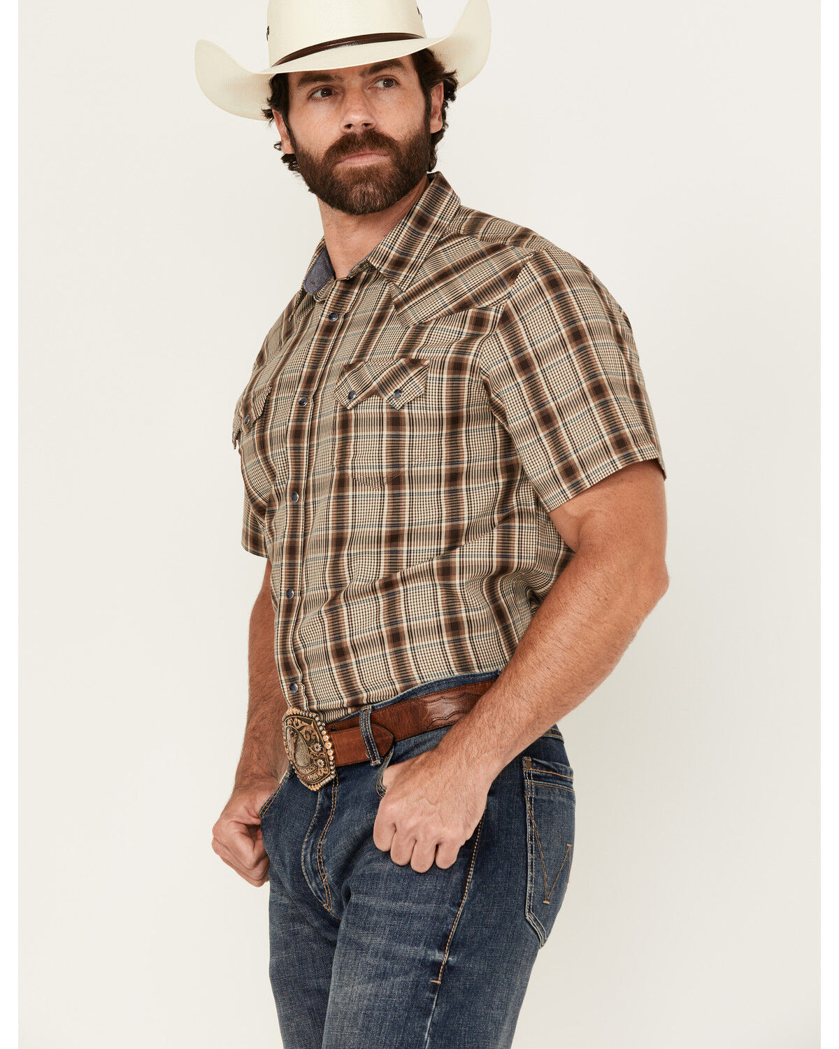 Image #2 - Cody James Men's Poncho Plaid Print Short Sleeve Snap Western Shirt - Tall, Brown, hi-res