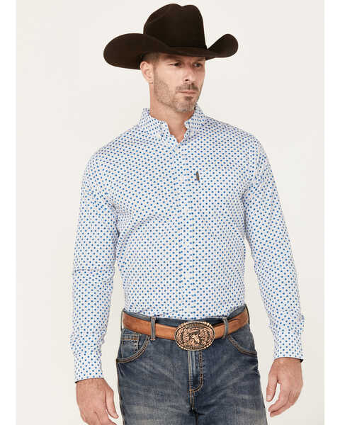 Image #1 - Ariat Men's Mac Geo Print Long Sleeve Button-Down Stretch Western Shirt, White, hi-res