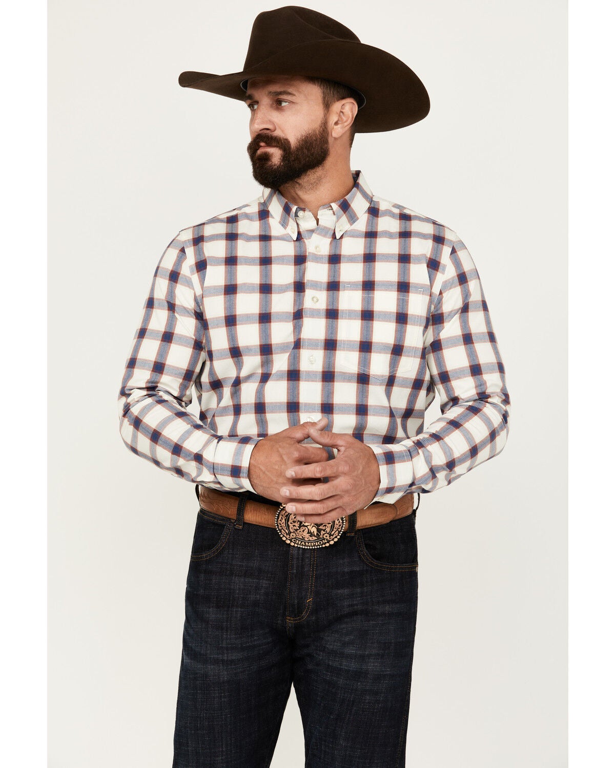 Cody James Men's Yeehaw Plaid Print Long Sleeve Button-Down Stretch Western Shirt, Ivory, hi-res