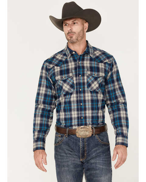 Image #1 - Ariat Men's Huntleigh Retro Plaid Print Long Sleeve Snap Western Flannel Shirt , Blue, hi-res