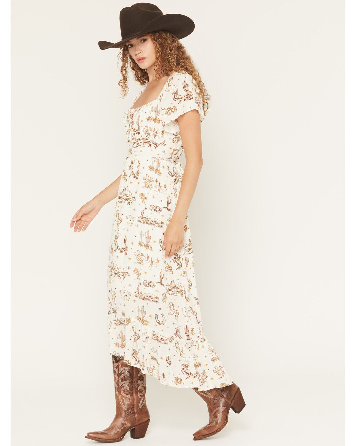 Shyanne Women's Western Print Flutter Sleeve High-Low Midi Dress, Ivory, hi-res