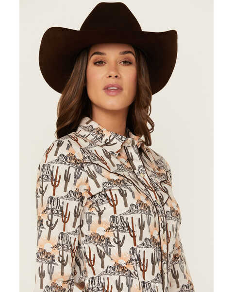 Image #2 - Rock & Roll Denim Women's Conversation Print Long Sleeve Snap Stretch Western Shirt , Orange, hi-res