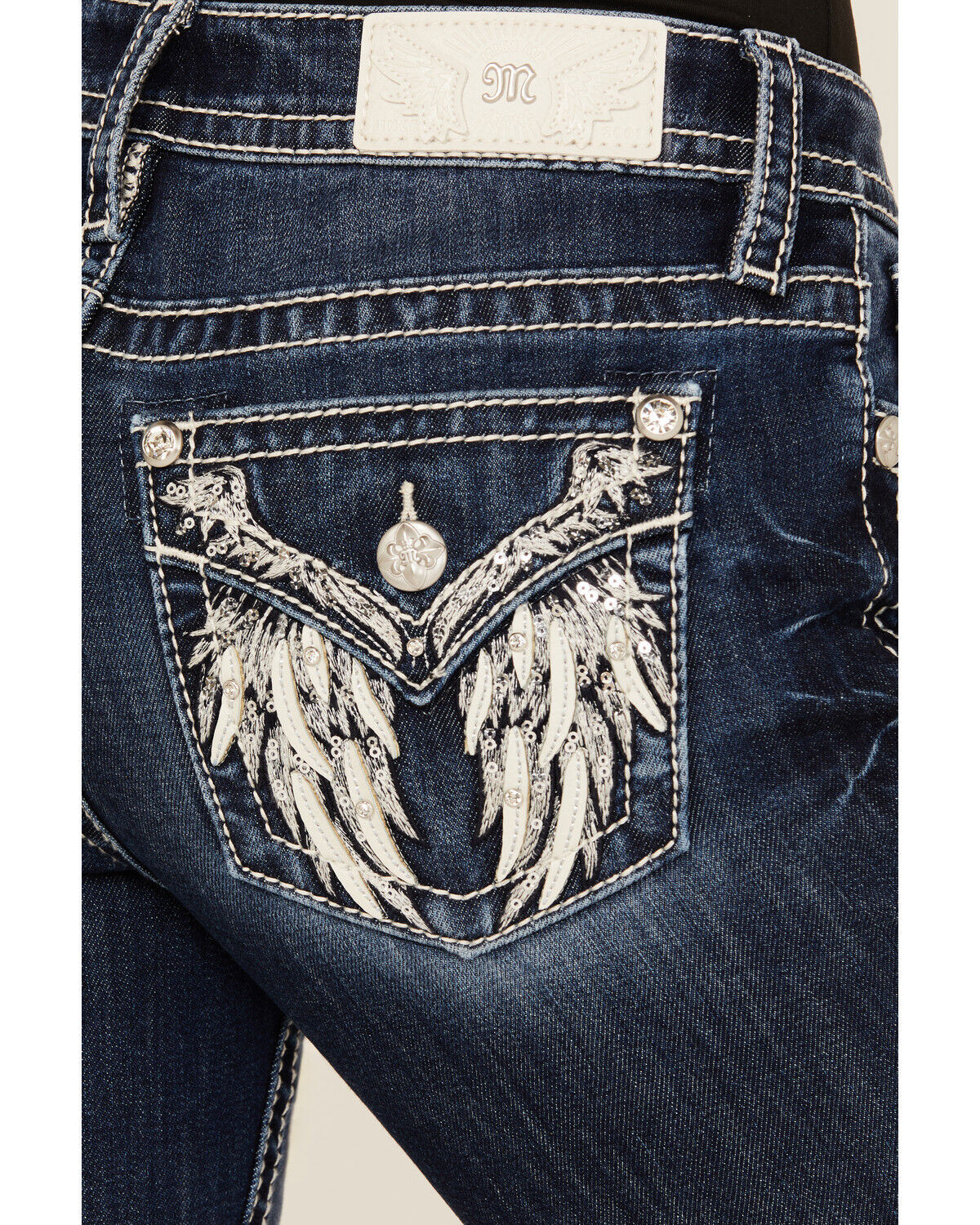 Image #2 - Miss Me Women's Dark Wash Mid Rise Feather Pocket Bootcut Stretch Denim Jeans, Dark Wash, hi-res