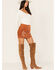 Shyanne Women's Faux Suede Floral Button Front Southwestern Mini Skirt, Brown, hi-res