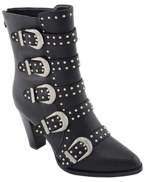 Milwaukee Leather Women's Studded Buckle Up Boots - Pointed Toe, Black, hi-res