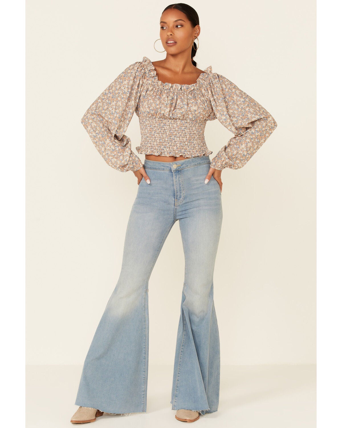 Ditsy Smocked Long Sleeve Peasant Crop 