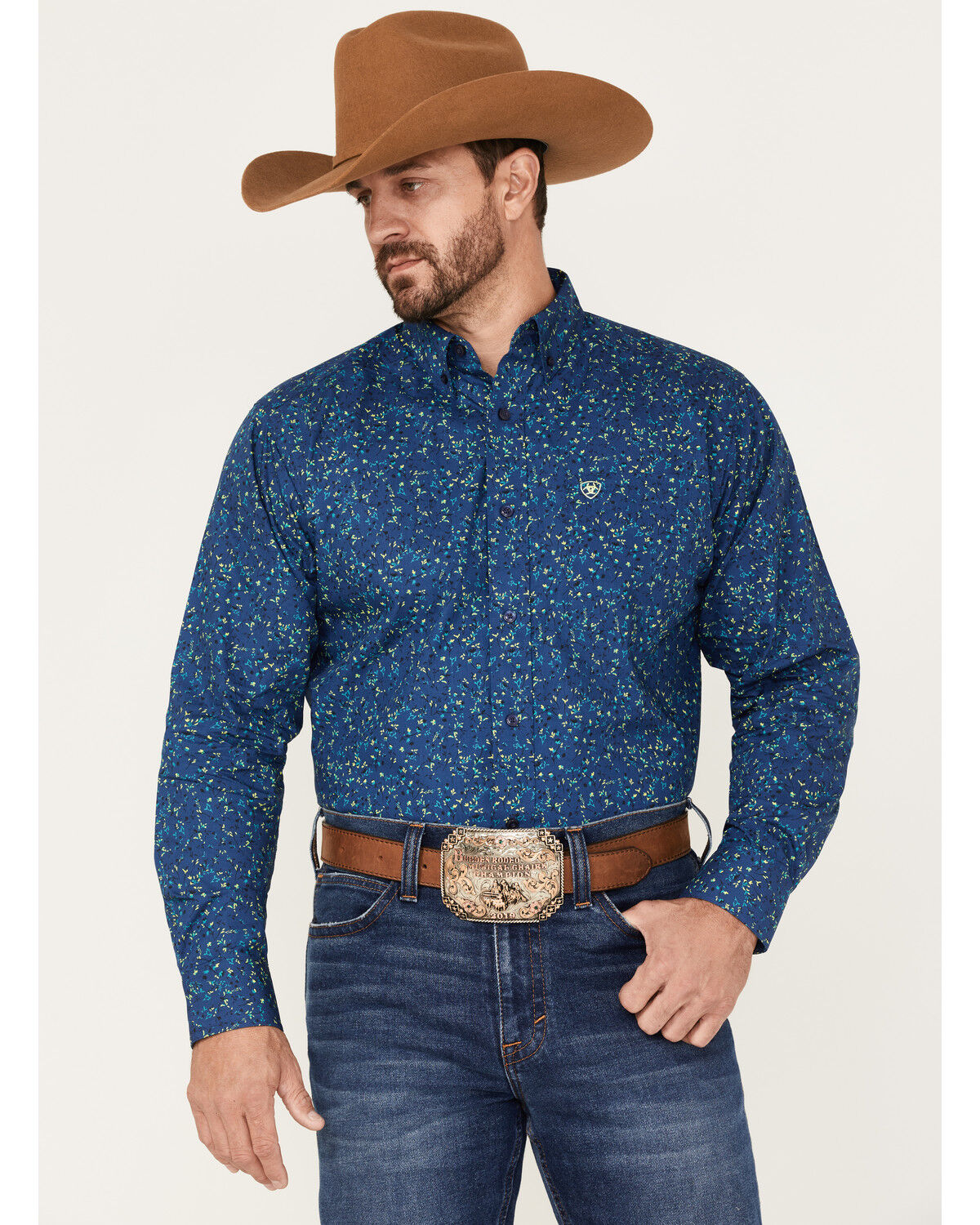 Image #1 - Ariat Men's Benji Floral Print Button Down Western Shirt, Blue, hi-res