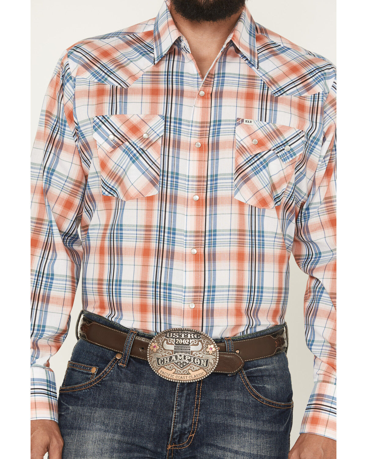 Image #3 - Ely Walker Men's Plaid Print Long Sleeve Pearl Snap Western Shirt, Orange, hi-res