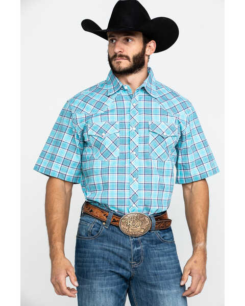 Wrangler 20X Men's Advanced Comfort Plaid Print Long Sleeve Western Shirt , Light Blue, hi-res
