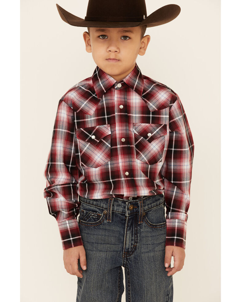 Ely Walker Boys' Burgundy Ombre Plaid Long Sleeve Snap Western Shirt , Burgundy, hi-res
