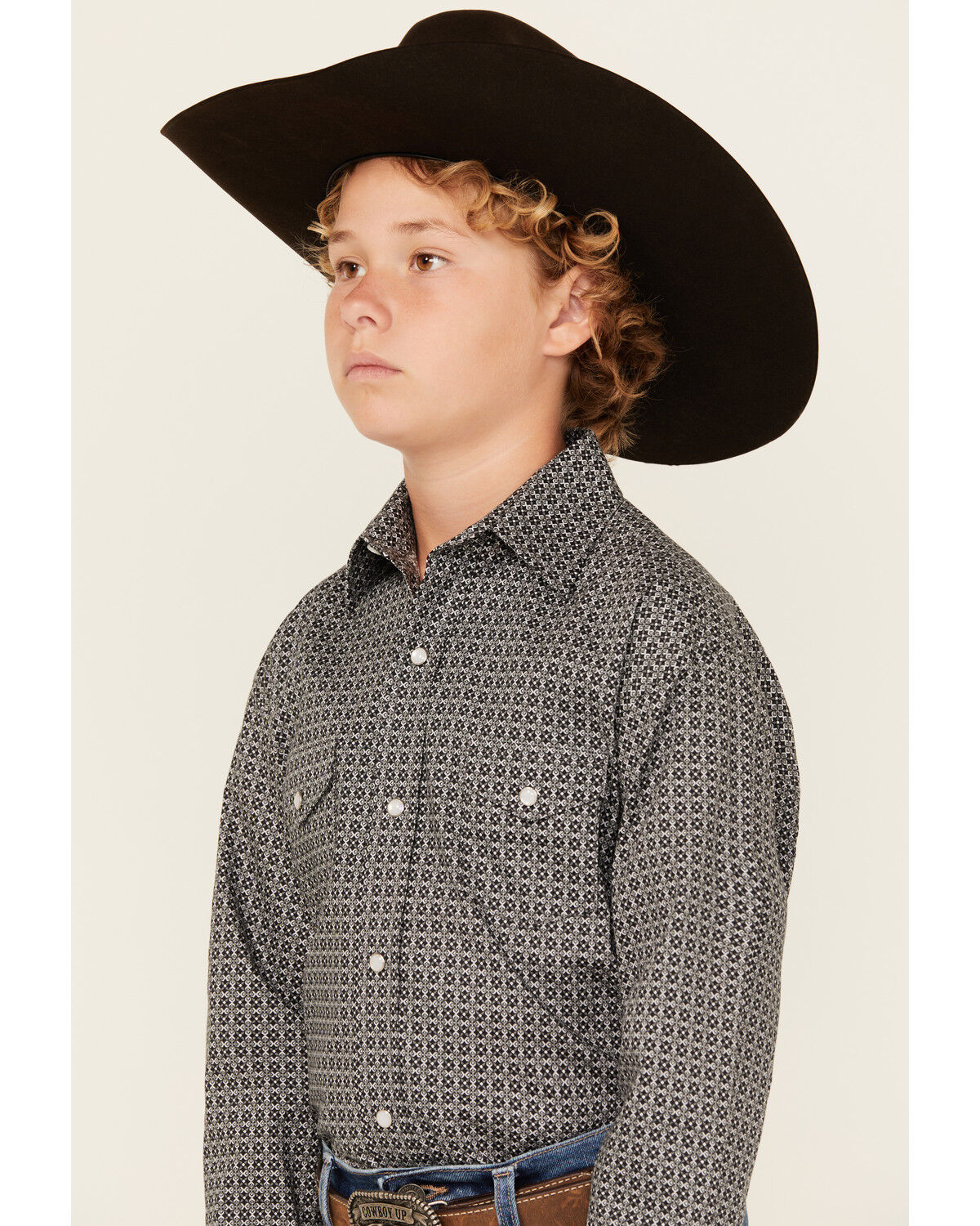 Image #2 - Panhandle Boys' Geo Print Long Sleeve Snap Western Shirt, Black, hi-res