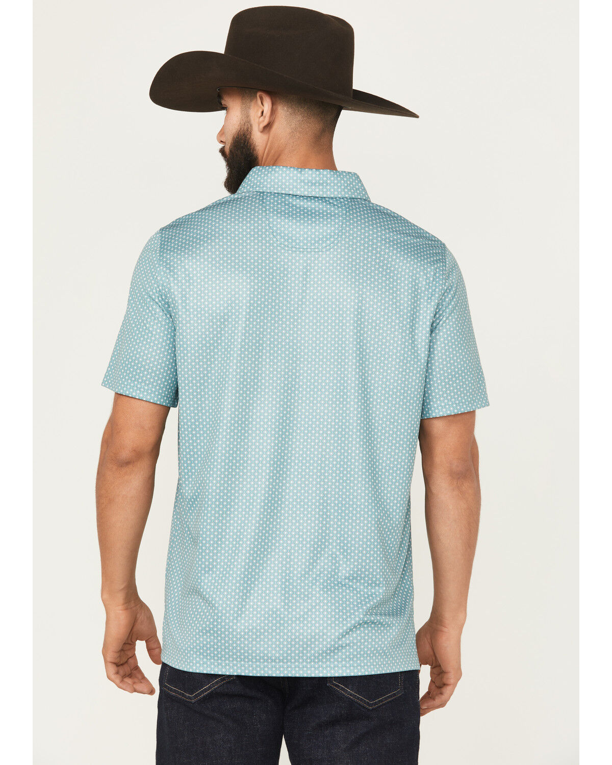 Image #4 - Panhandle Slim Men's Geo Print Short Sleeve Snap Performance Polo Shirt, Turquoise, hi-res