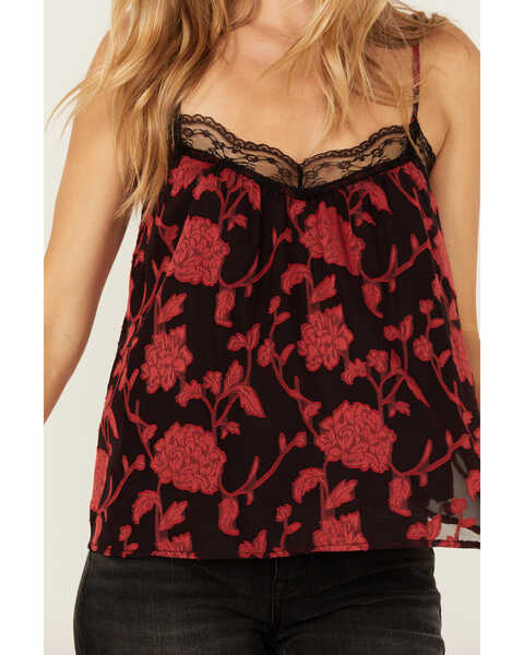 Image #3 - Wild Moss Women's Floral Print Jacquard Lace Cami , Red, hi-res