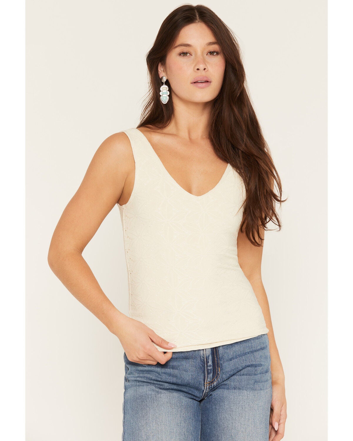 Rock & Roll Denim Women's Eyelet Tank Top, Cream, hi-res