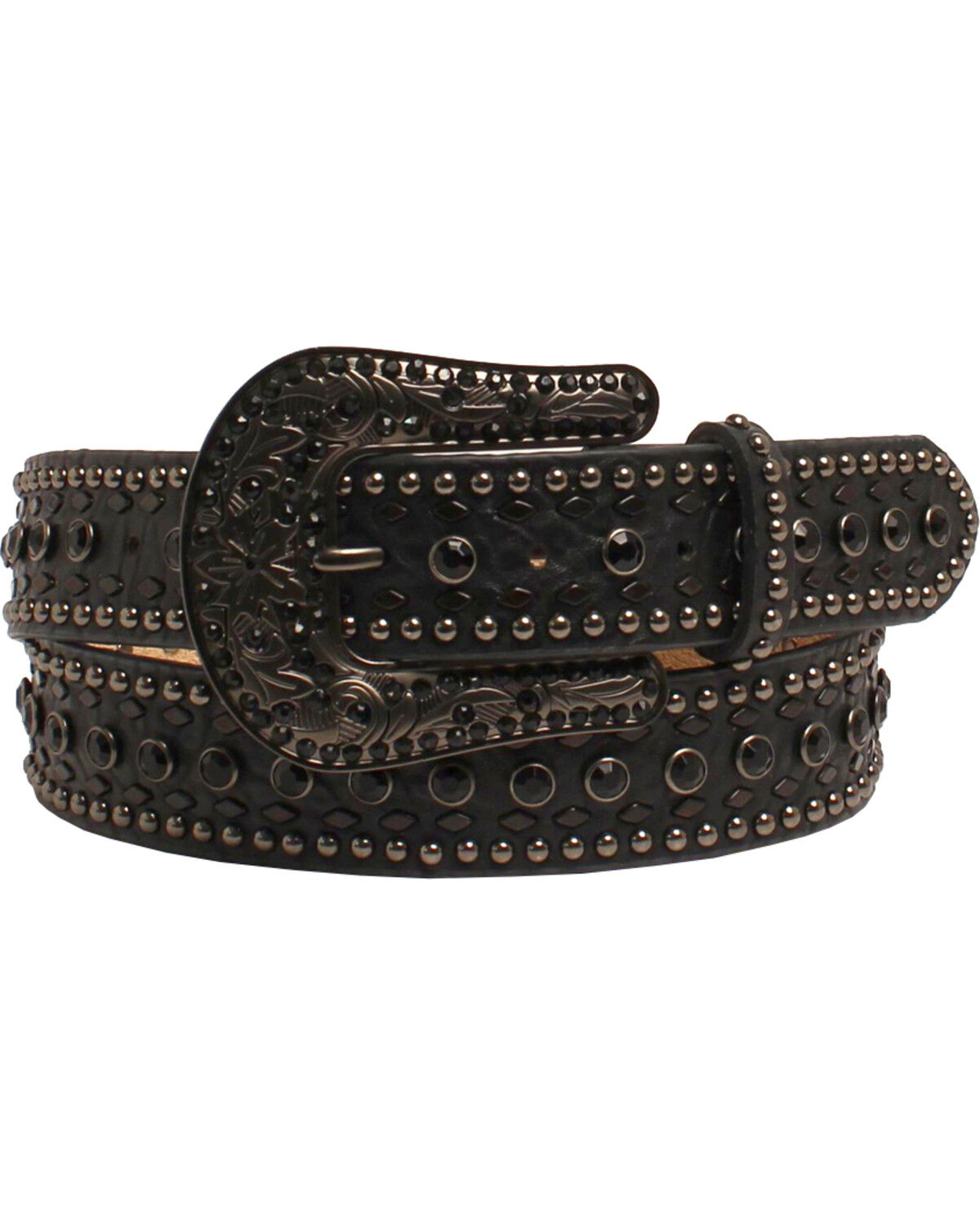 Image #1 - Nocona Women's Rhinestone Floral Tooled Leather Belt, Black, hi-res
