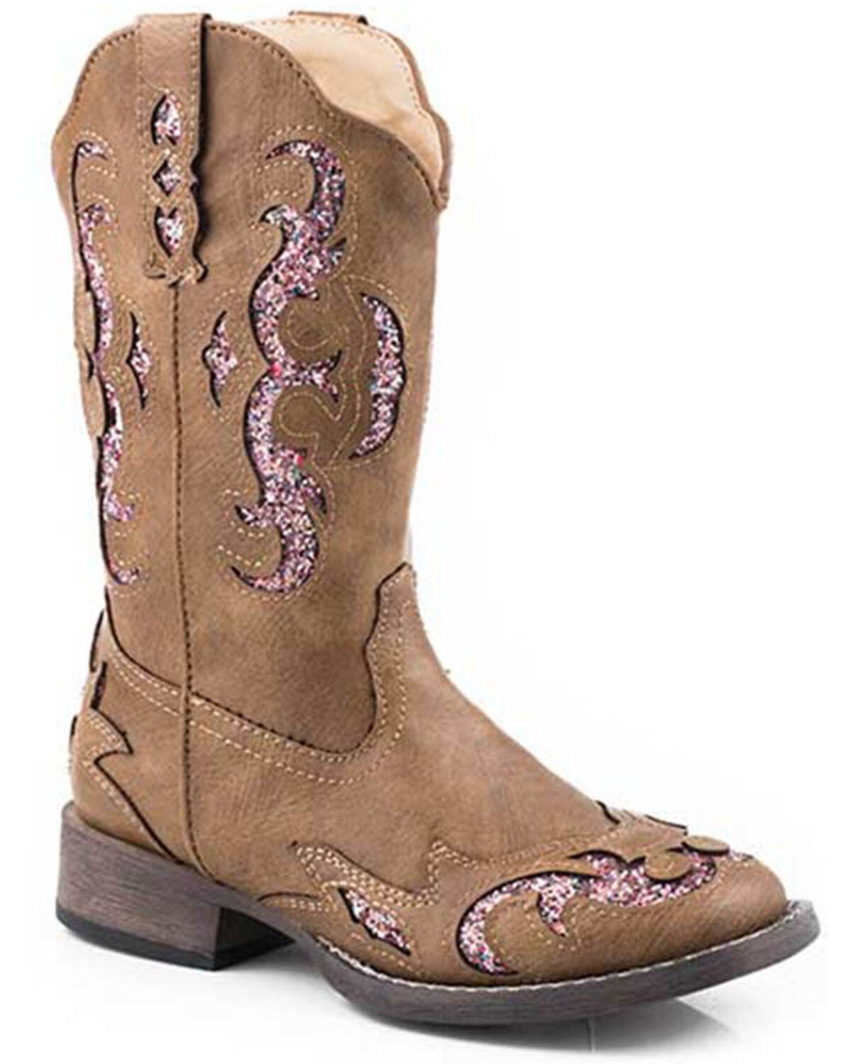 Roper Little Girls' Glitter Gypsy Western Boots - Broad Square Toe, Tan, hi-res