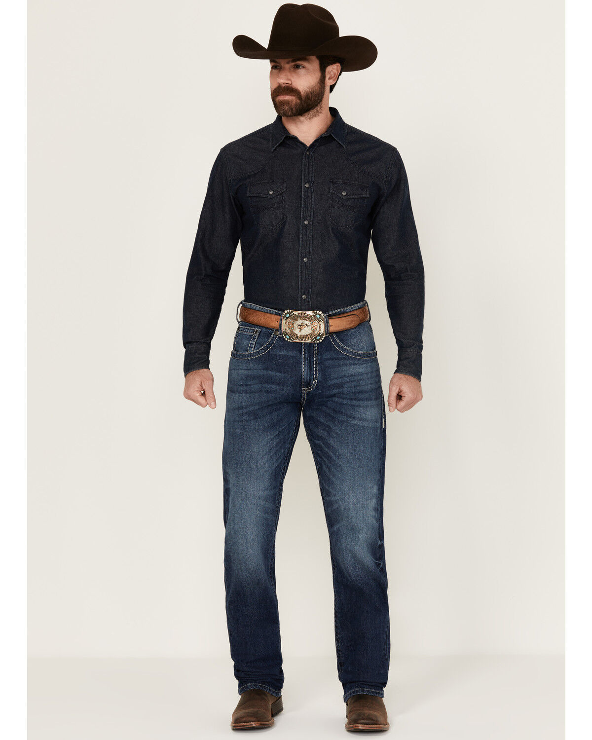 Image #1 - Rock 47 by Wrangler Men's Allenbrook Dark Wash Slim Straight Stretch Denim Jeans, Dark Medium Wash, hi-res