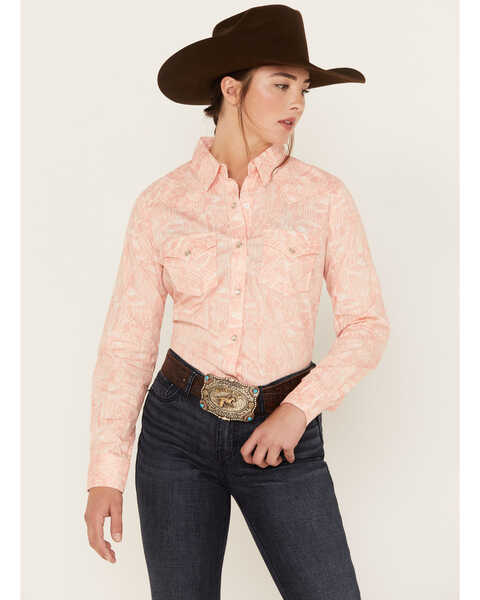 Wrangler Women's Cactus Print Western Pearl Snap Shirt, Pink, hi-res